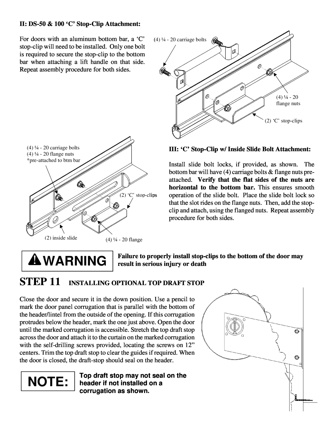 Wayne-Dalton DS-75 II DS-50& 100 ‘C’ Stop-ClipAttachment, III ‘C’ Stop-Clipw/ Inside Slide Bolt Attachment, inside slide 