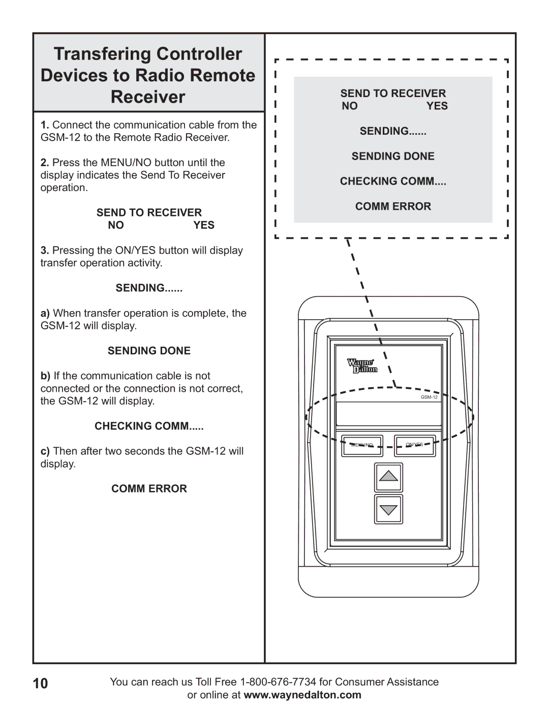 Wayne-Dalton GSM-12 Transfering Controller Devices to Radio Remote Receiver, Send to Receiver No YES, Sending 