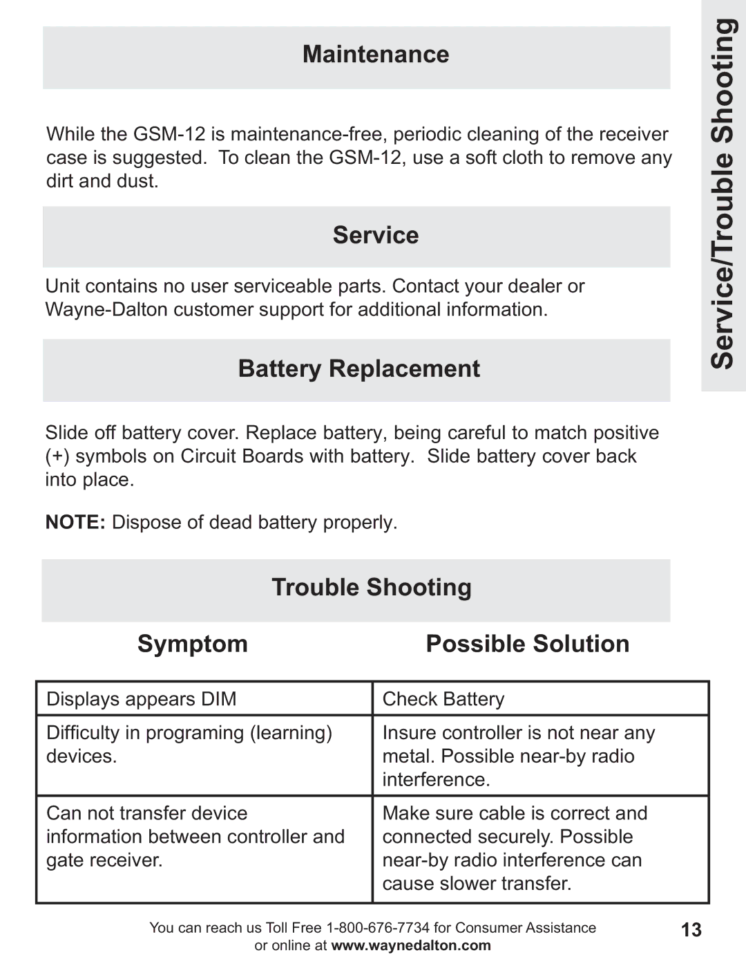 Wayne-Dalton GSM-12 Service/Trouble Shooting, Maintenance, Battery Replacement, Trouble Shooting Symptom Possible Solution 