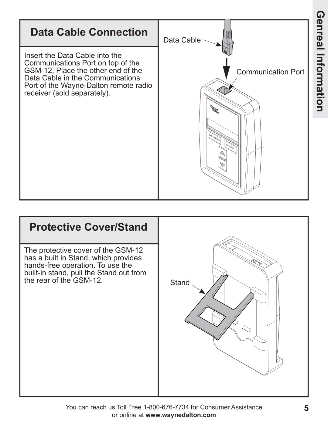 Wayne-Dalton GSM-12 operating instructions Data Cable Connection, Genreal Information Protective Cover/Stand 