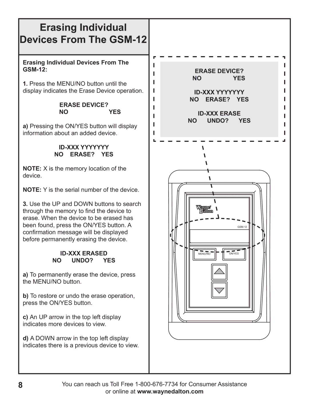 Wayne-Dalton Erasing Individual Devices From The GSM-12, Erase DEVICE? Noyes, ID-XXX Yyyyyyy No ERASE? YES 