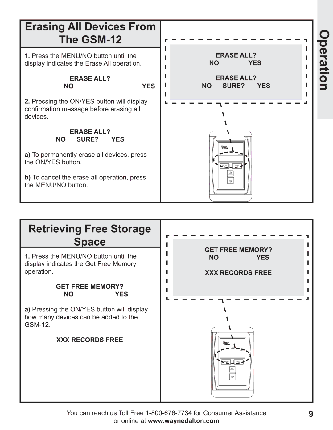 Wayne-Dalton operating instructions Erasing All Devices From GSM-12, Retrieving Free Storage Space 