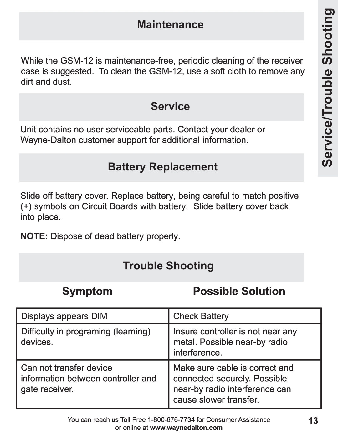 Wayne-Dalton GSM-12 Service/Trouble Shooting, Maintenance, Battery Replacement, Symptom, Possible Solution 