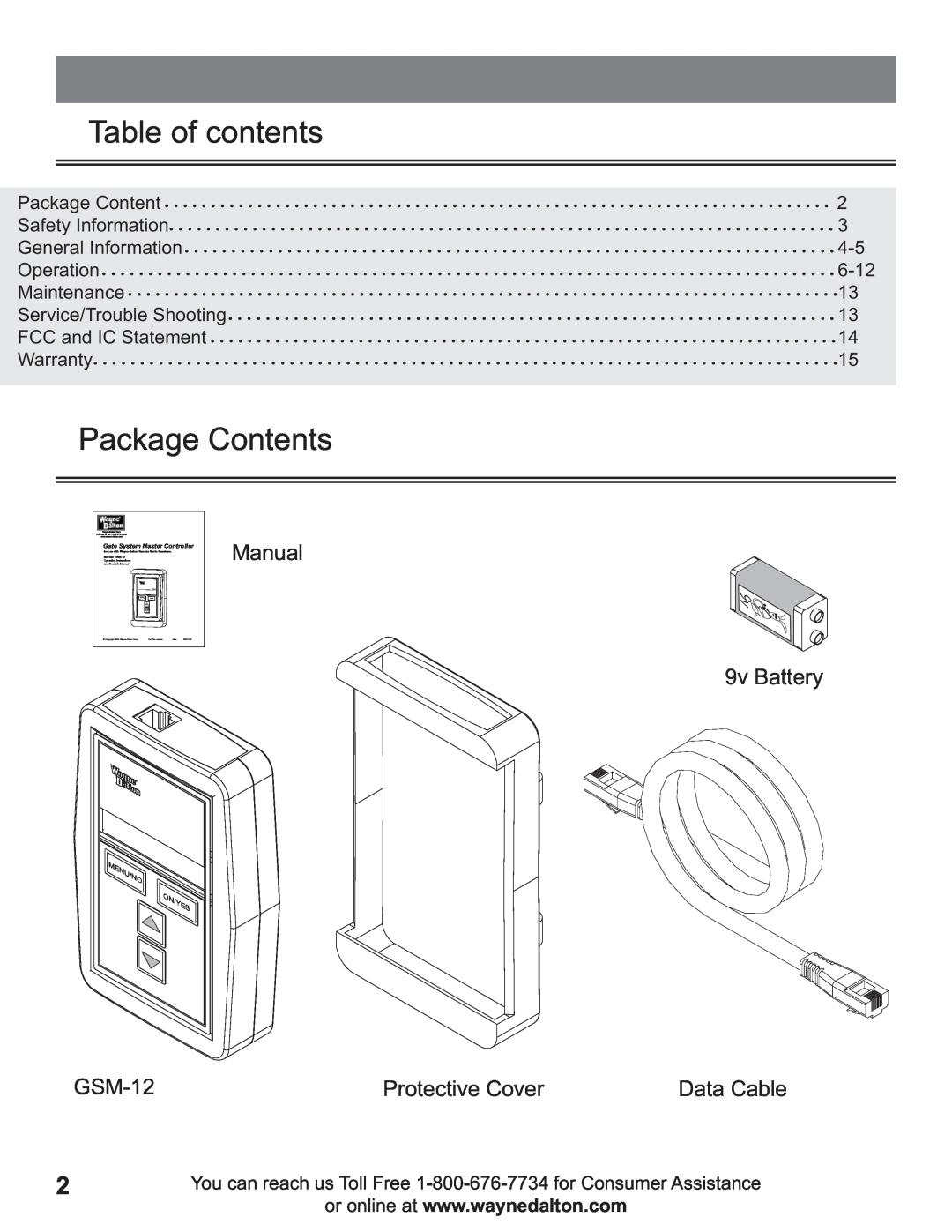 Wayne-Dalton GSM-12 Table of contents, Package Contents, Manual, 9v Battery, Protective Cover, Data Cable 