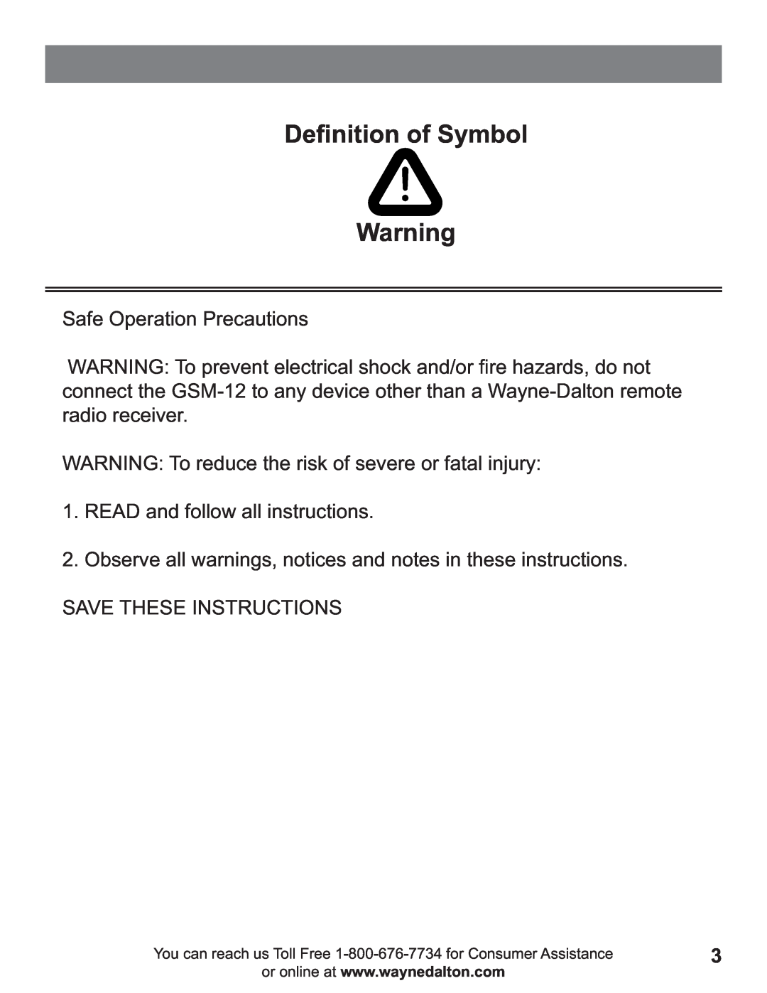 Wayne-Dalton GSM-12 operating instructions Deﬁnition of Symbol 