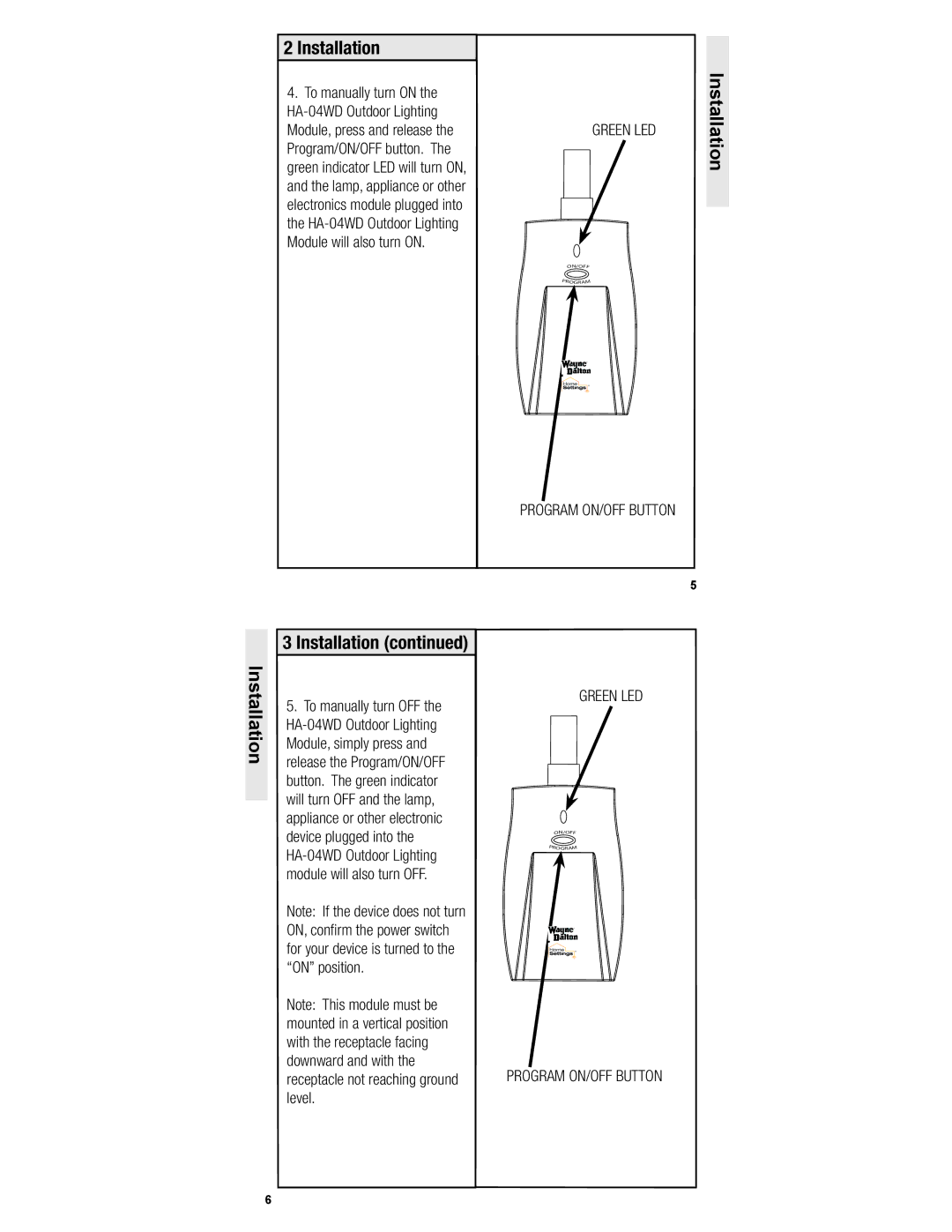 Wayne-Dalton HA-04WD operating instructions Program ON/OFF Button Green LED 