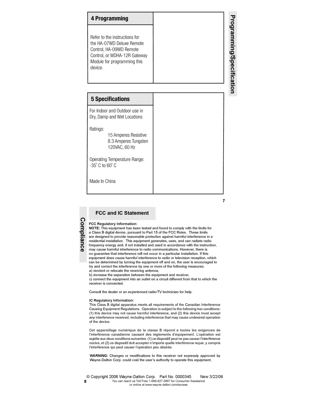 Wayne-Dalton HA-04WD operating instructions Specifications, Programming/Specification Compliance 