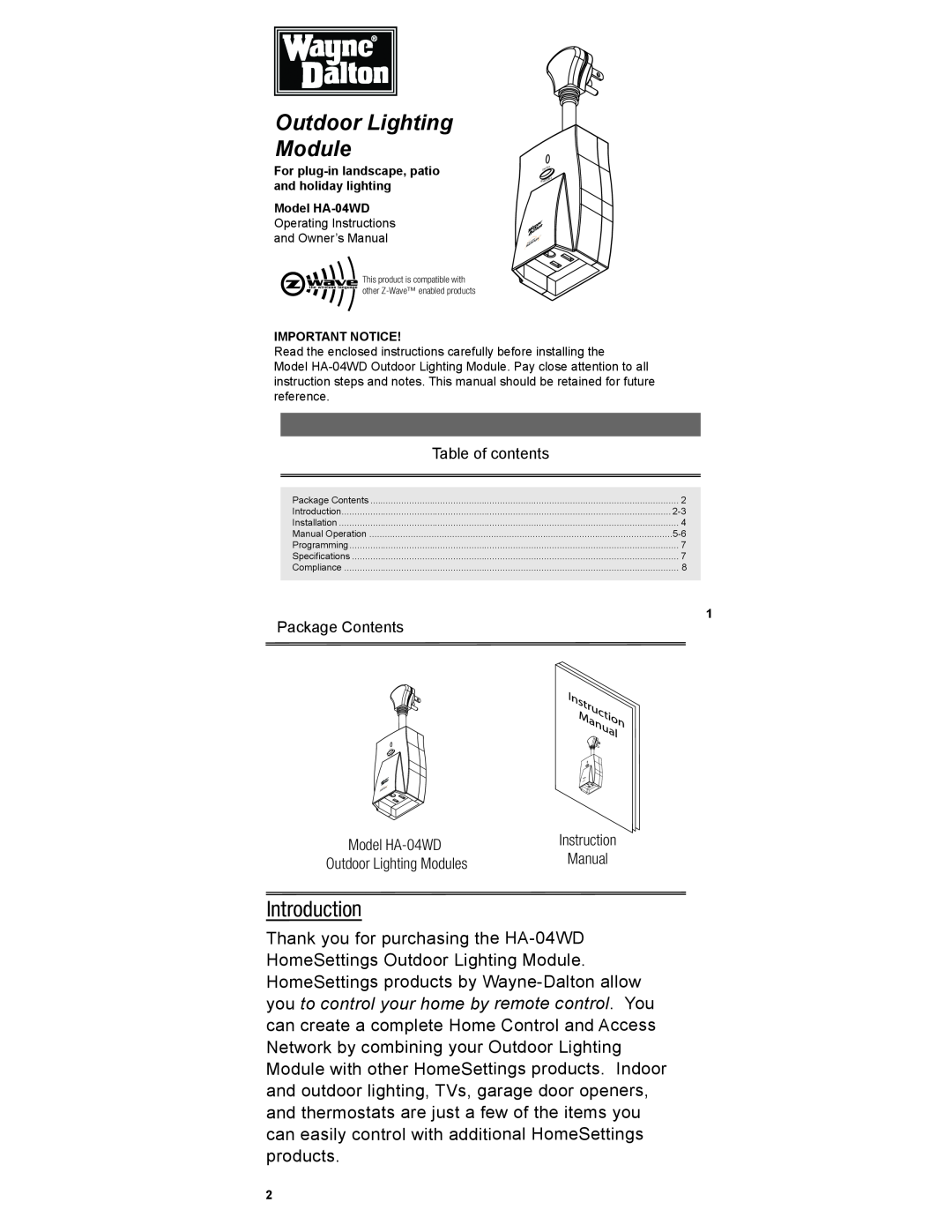 Wayne-Dalton HA-04WD operating instructions Outdoor Lighting Module, Introduction 