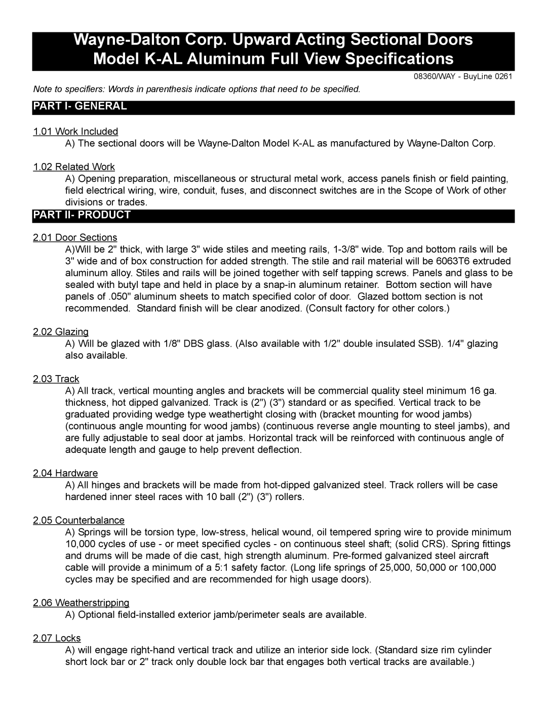 Wayne-Dalton K-AL specifications Part I- General, Part II- Product 