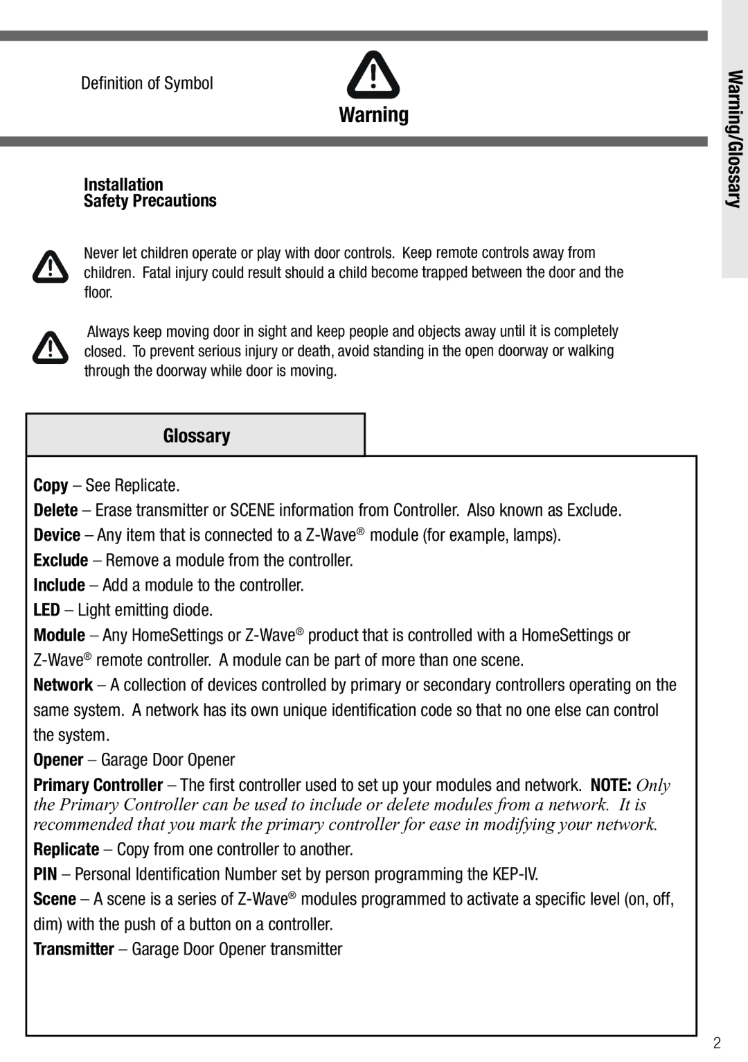 Wayne-Dalton KEP-IV owner manual Glossary, Definition of Symbol Installation Safety Precautions, Copy See Replicate 