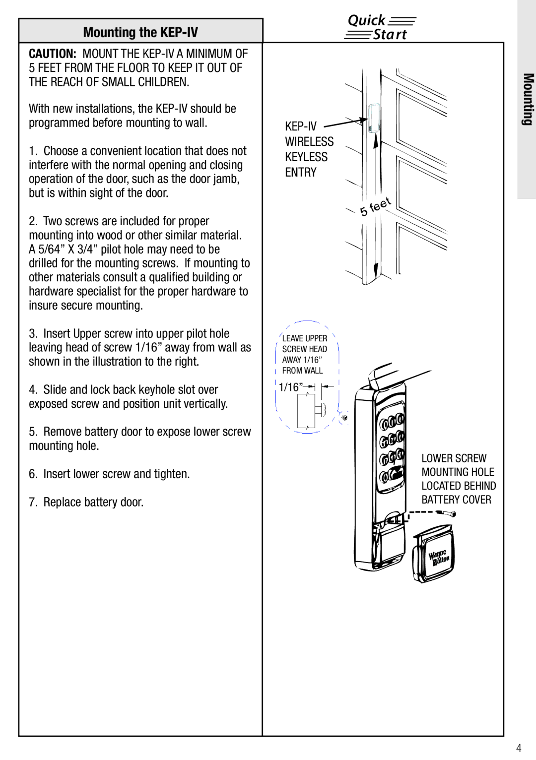 Wayne-Dalton owner manual Mounting the KEP-IV, Entry 