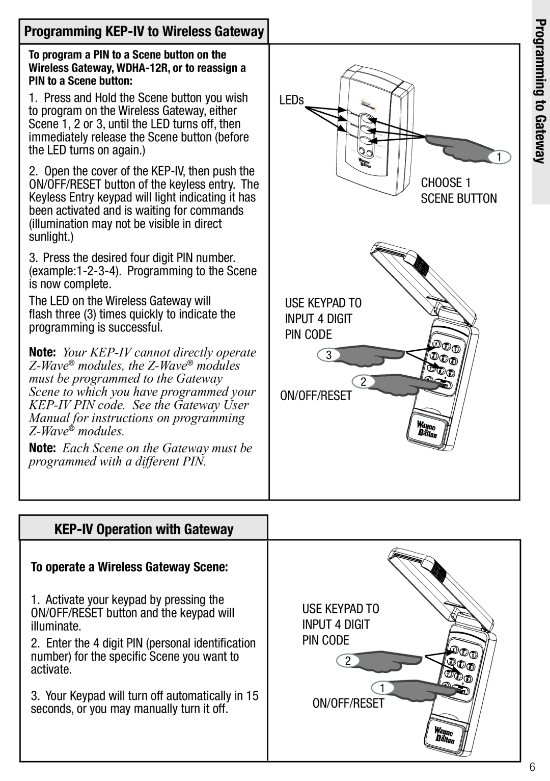 Wayne-Dalton Programming to Gateway KEP-IV Operation with Gateway, Choose Scene Button, Input 4 Digit PIN Code 