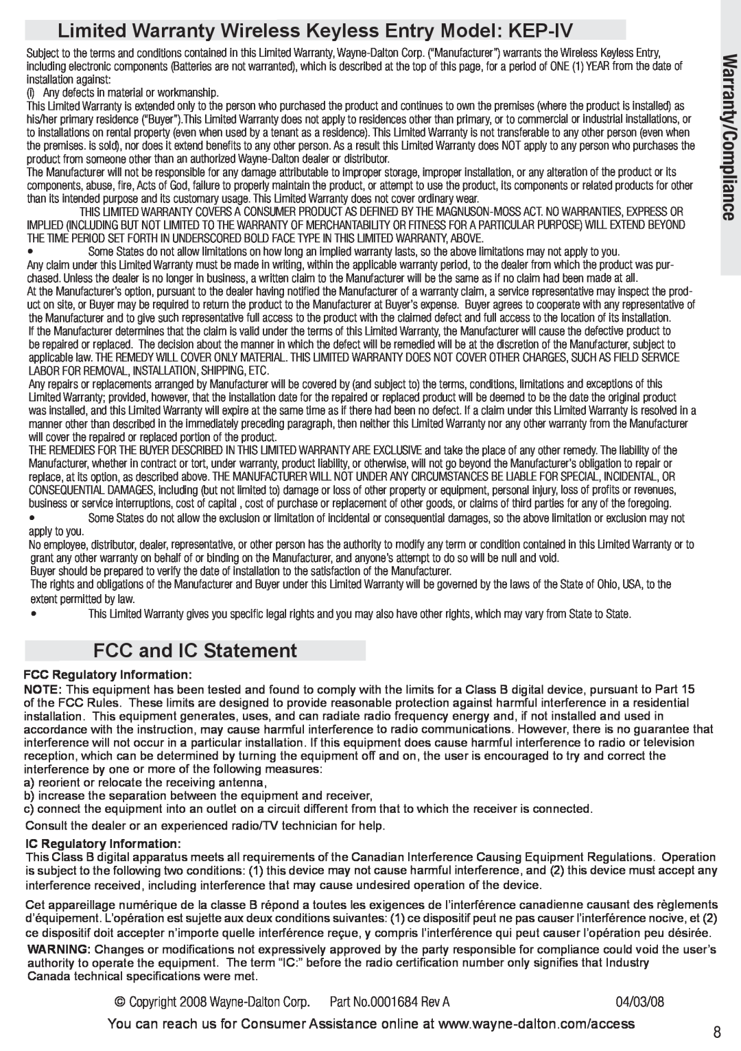 Wayne-Dalton KEP-IV owner manual Warranty/Compliance, FCC and IC Statement, 04/03/08, IC Regulatory Information 