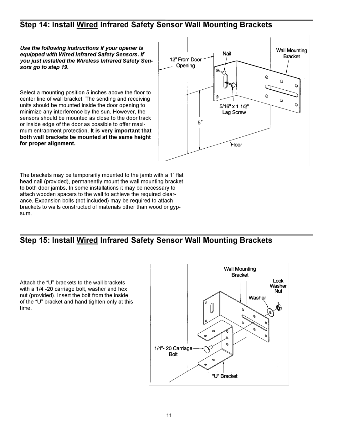 Wayne-Dalton series 3000 user manual Install Wired Infrared Safety Sensor Wall Mounting Brackets 