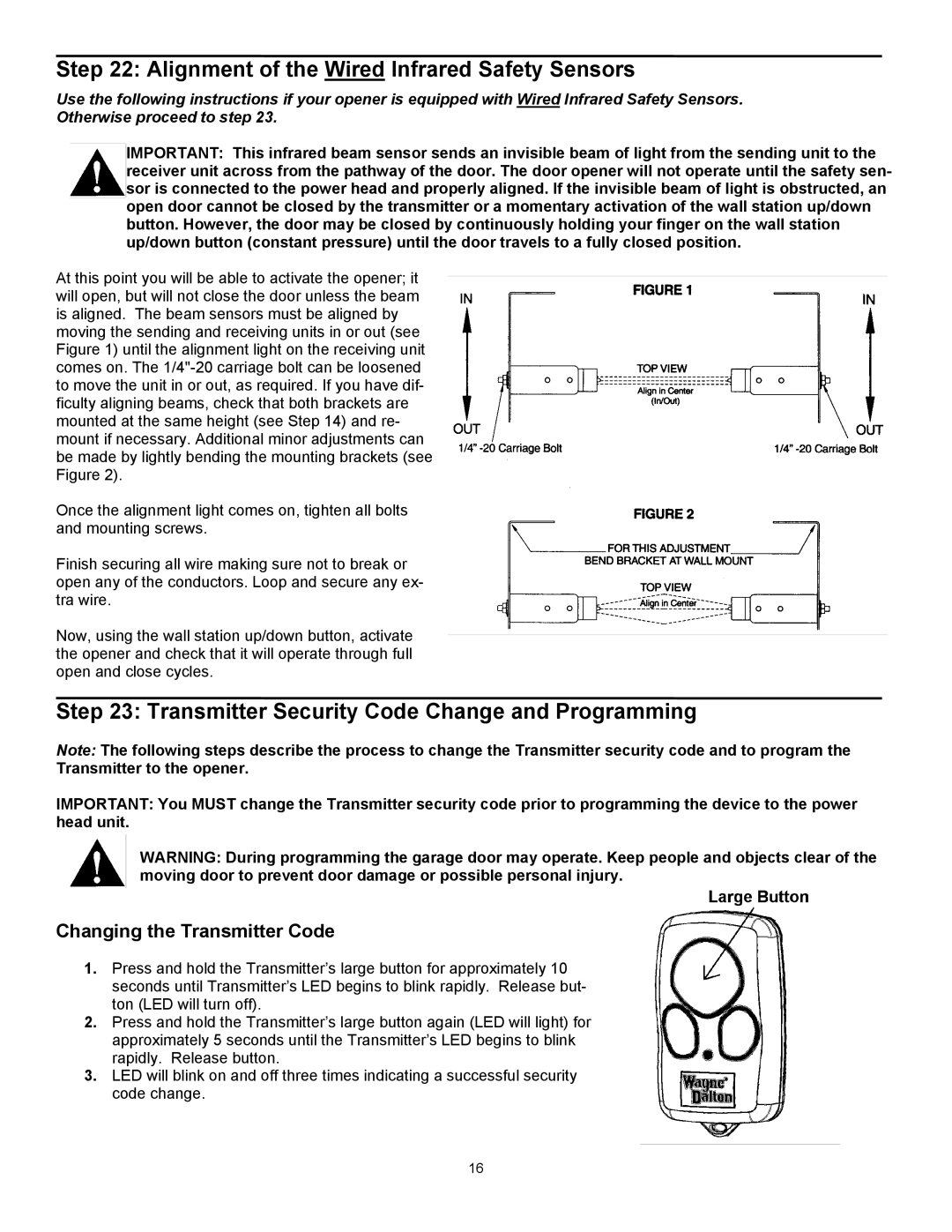 Wayne-Dalton series 3000 Alignment of the Wired Infrared Safety Sensors, Transmitter Security Code Change and Programming 