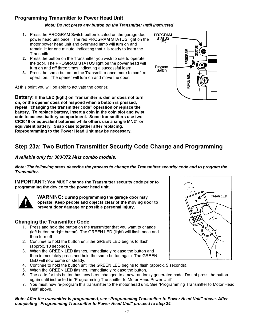 Wayne-Dalton series 3000 user manual Two Button Transmitter Security Code Change and Programming 