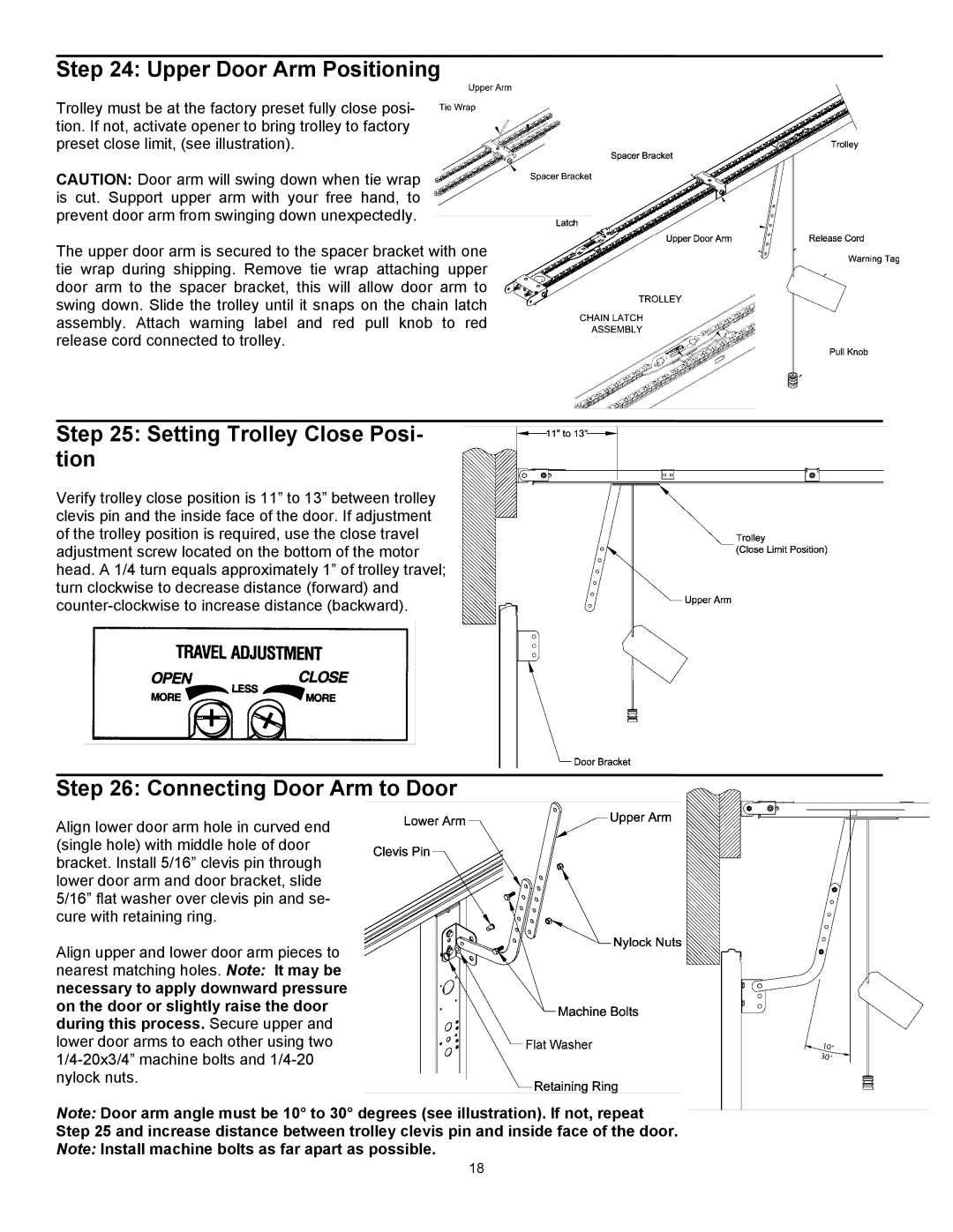 Wayne-Dalton series 3000 Upper Door Arm Positioning, Setting Trolley Close Posi- tion, Connecting Door Arm to Door 