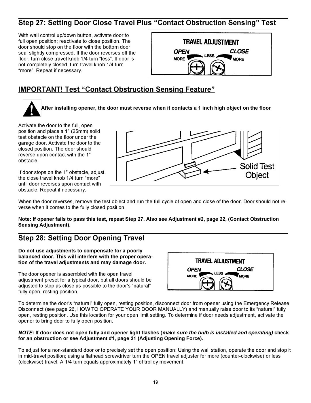 Wayne-Dalton series 3000 user manual IMPORTANT! Test Contact Obstruction Sensing Feature, Setting Door Opening Travel 