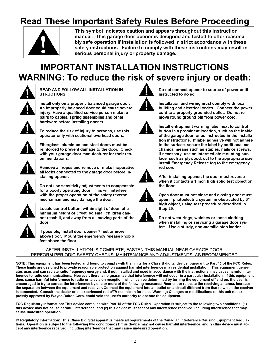 Wayne-Dalton series 3000 user manual Important Installation Instructions 