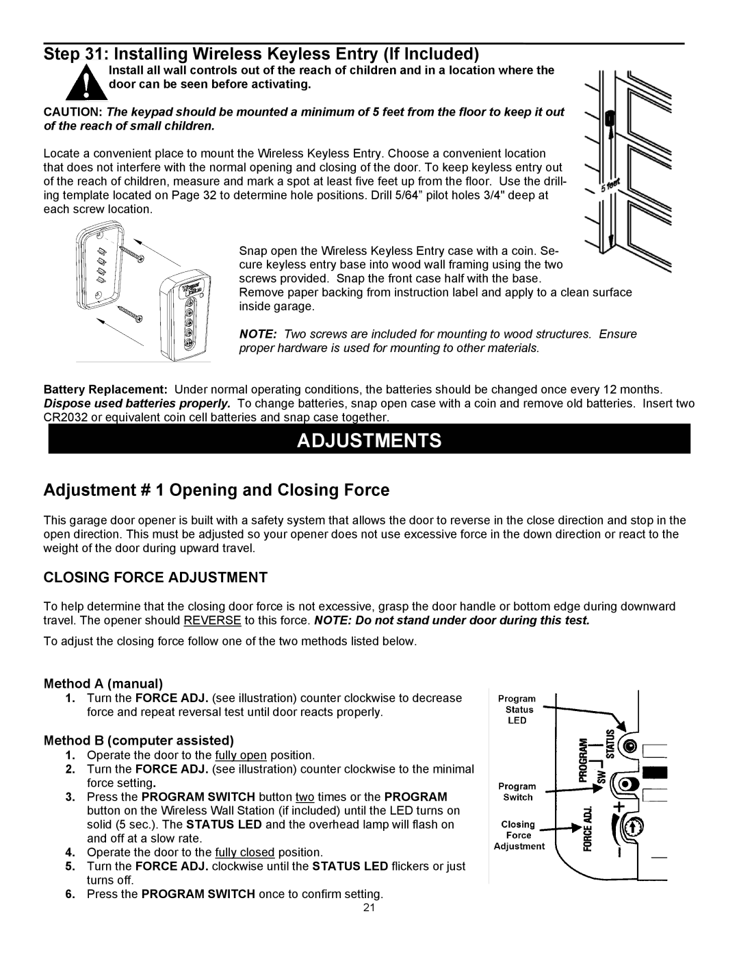 Wayne-Dalton series 3000 Installing Wireless Keyless Entry If Included, Adjustment # 1 Opening and Closing Force 