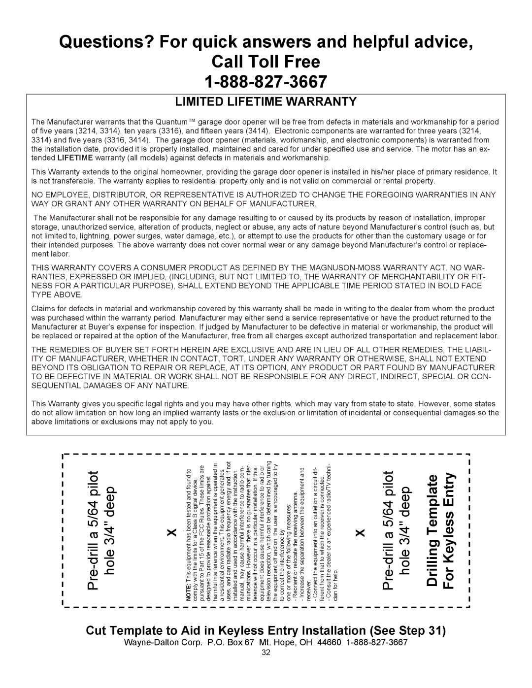 Wayne-Dalton series 3000 user manual Limited Lifetime Warranty, Cut Template to Aid in Keyless Entry Installation See Step 