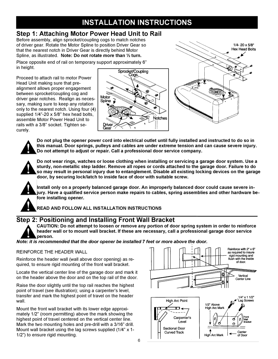 Wayne-Dalton series 3000 user manual Attaching Motor Power Head Unit to Rail, Positioning and Installing Front Wall Bracket 