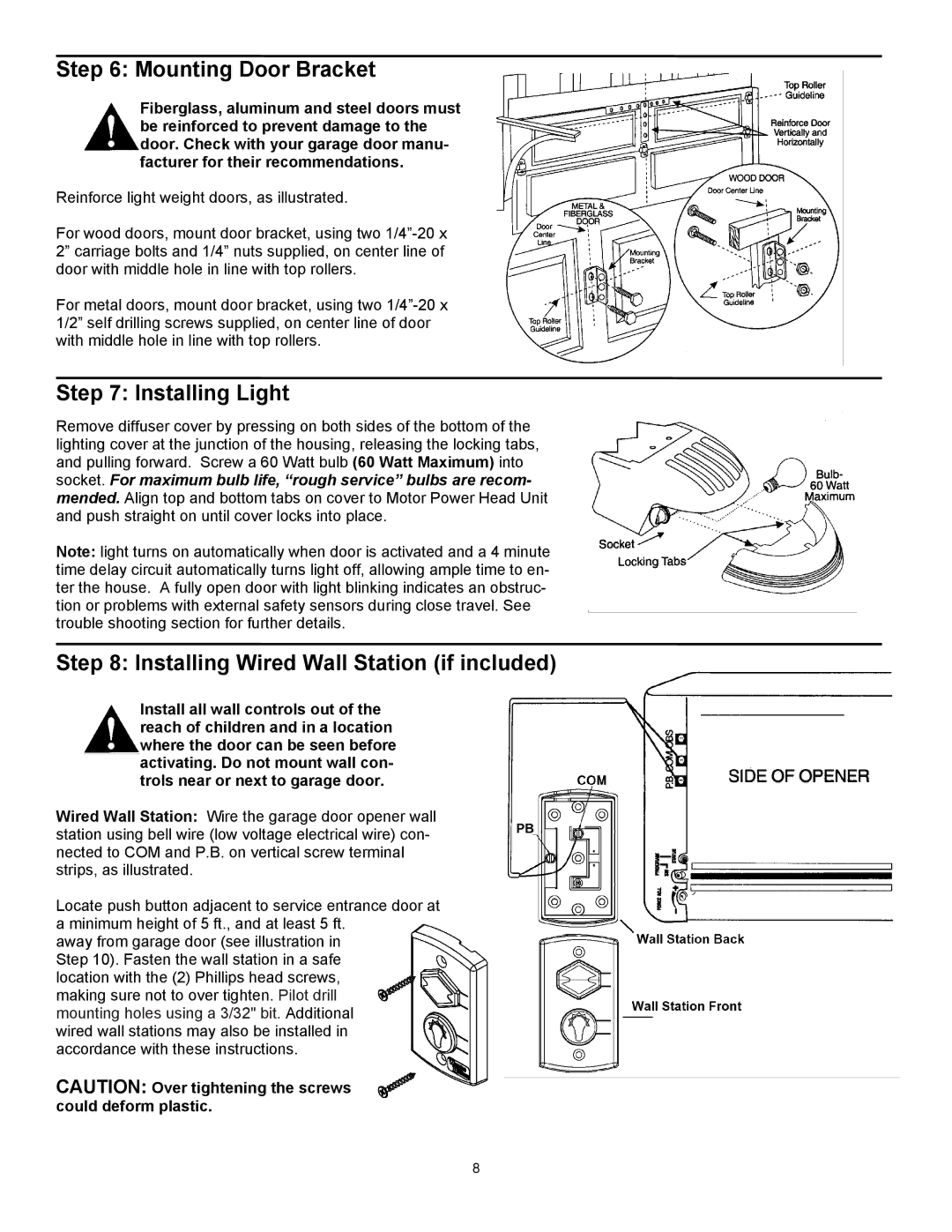 Wayne-Dalton series 3000 user manual Mounting Door Bracket, Installing Light, Installing Wired Wall Station if included 