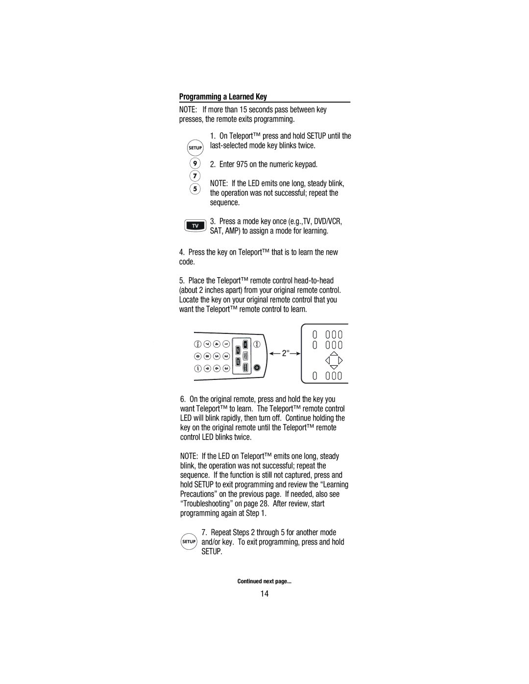 Wayne-Dalton WDHC-20 user manual Programming a Learned Key, Enter 975 on the numeric keypad, Setup 