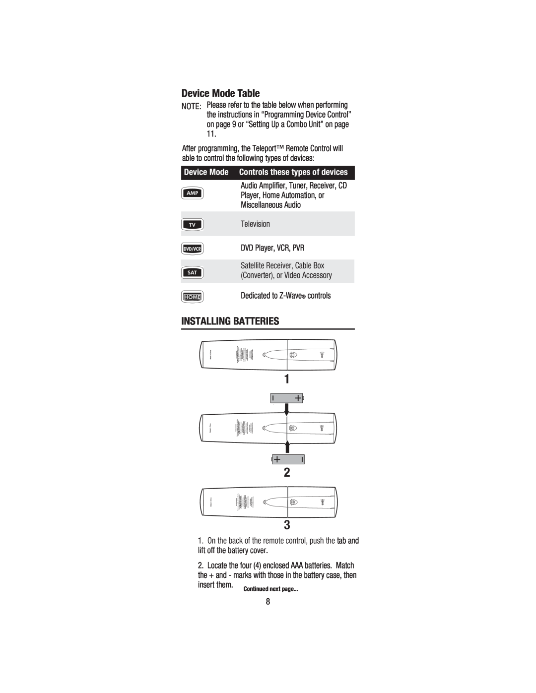 Wayne-Dalton WDHC-20 user manual Device Mode Table, Installing Batteries, Device Mode Controls these types of devices 