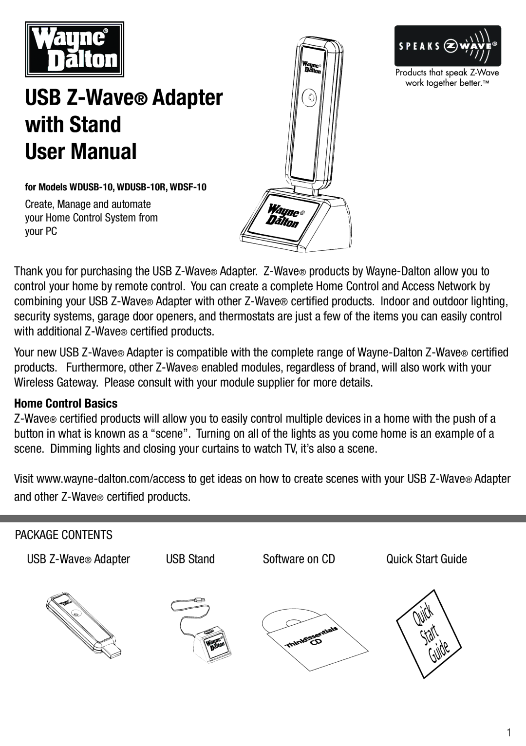 Wayne-Dalton WDUSB-10R, WDSF-10 manual Home Control Basics, Package Contents USB Z-Wave Adapter USB Stand Software on CD 