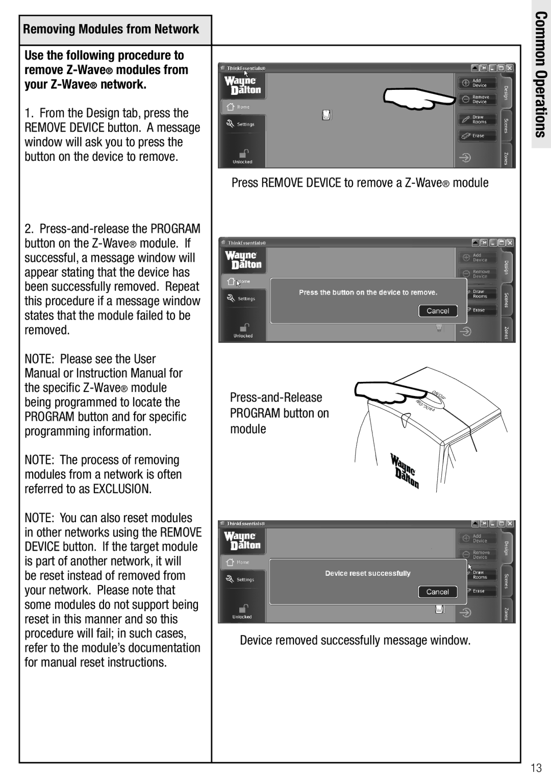 Wayne-Dalton WDUSB-10R, WDSF-10 manual Press Remove Device to remove a Z-Wavemodule 