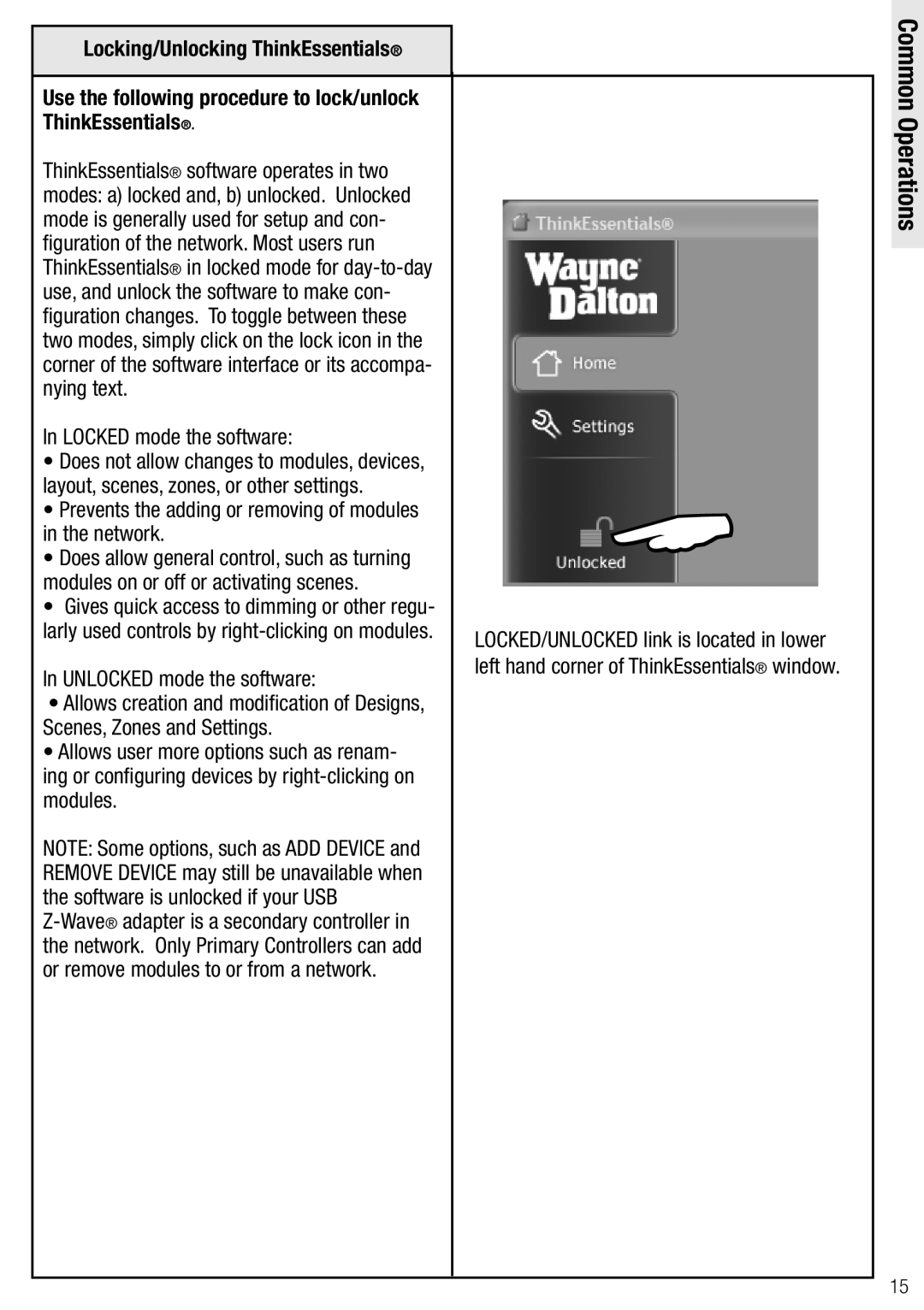 Wayne-Dalton WDSF-10, WDUSB-10R manual Operations, Locking/Unlocking ThinkEssentials, Locked mode the software 