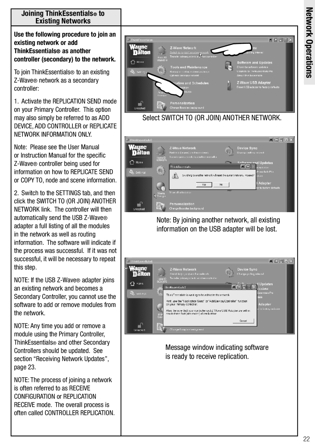 Wayne-Dalton WDUSB-10R, WDSF-10 manual Network Operations, Joining ThinkEssentials to Existing Networks 