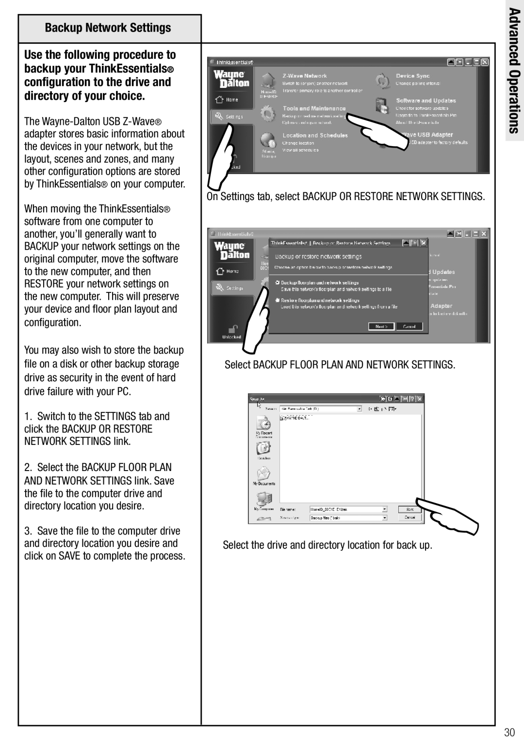 Wayne-Dalton WDSF-10, WDUSB-10R manual Backup Network Settings, Configuration 