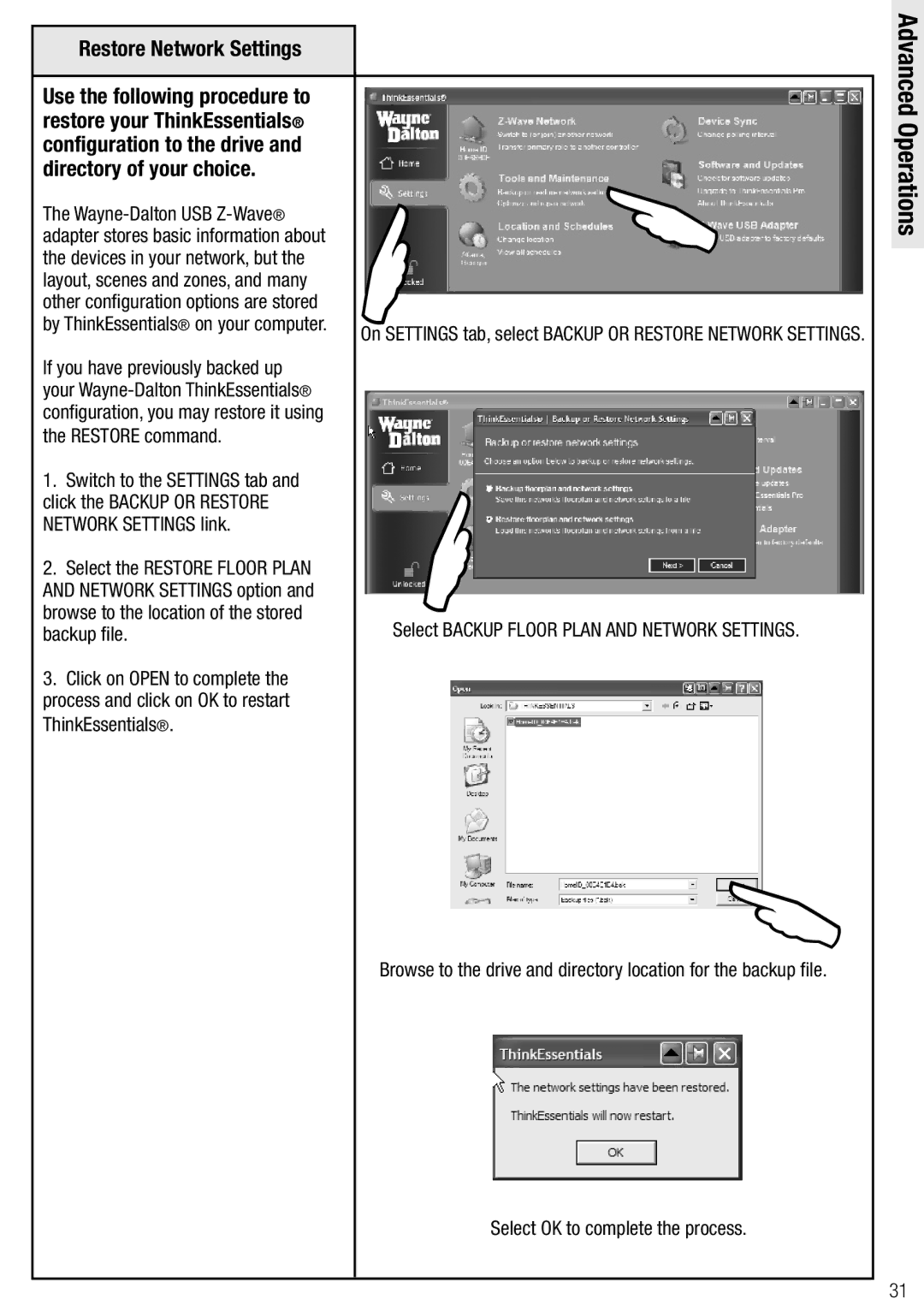 Wayne-Dalton WDUSB-10R, WDSF-10 Wayne-Dalton USB Z-Wave, If you have previously backed up, Restore command, Backup file 