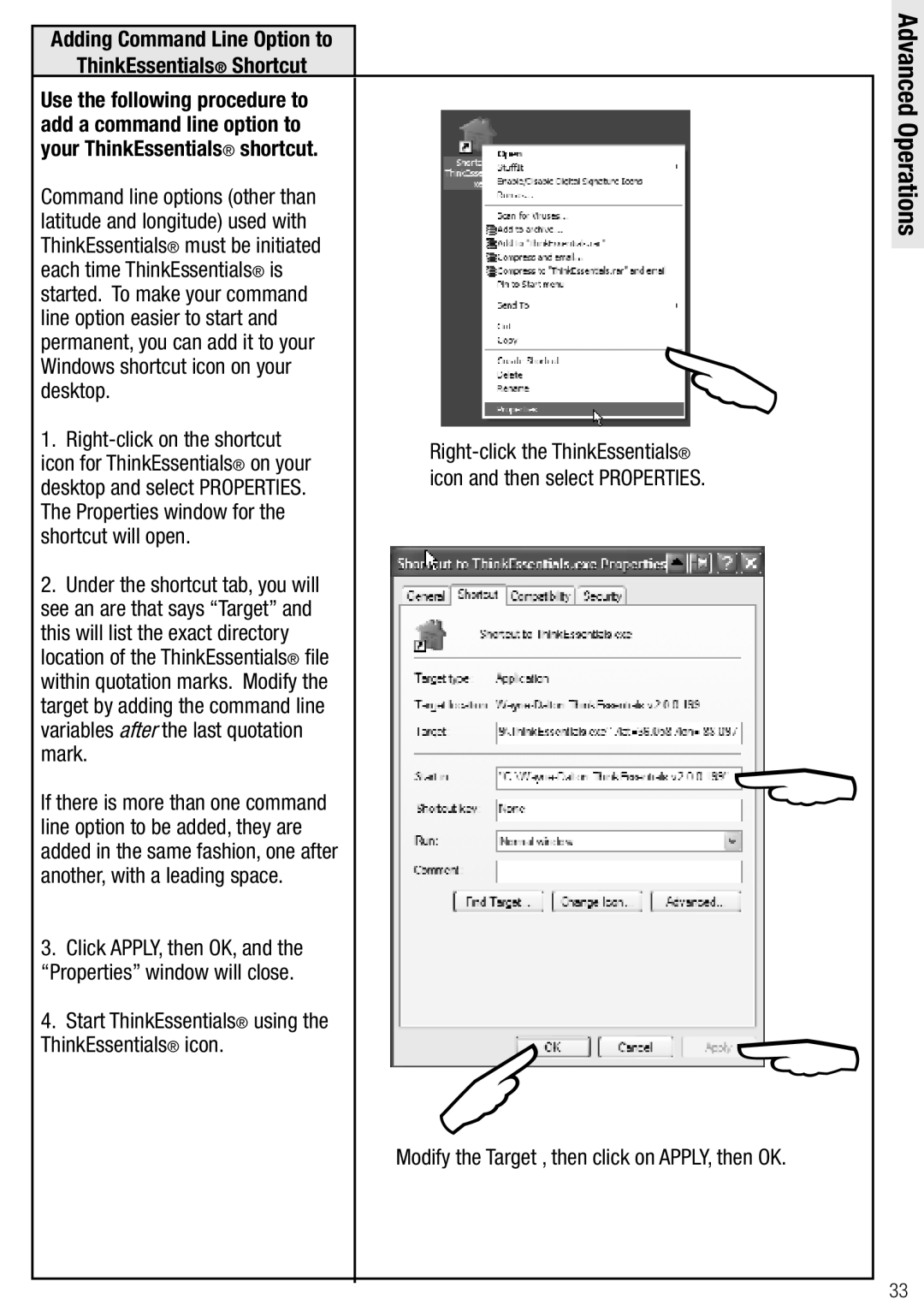 Wayne-Dalton WDSF-10, WDUSB-10R manual Adding Command Line Option to ThinkEssentials Shortcut 