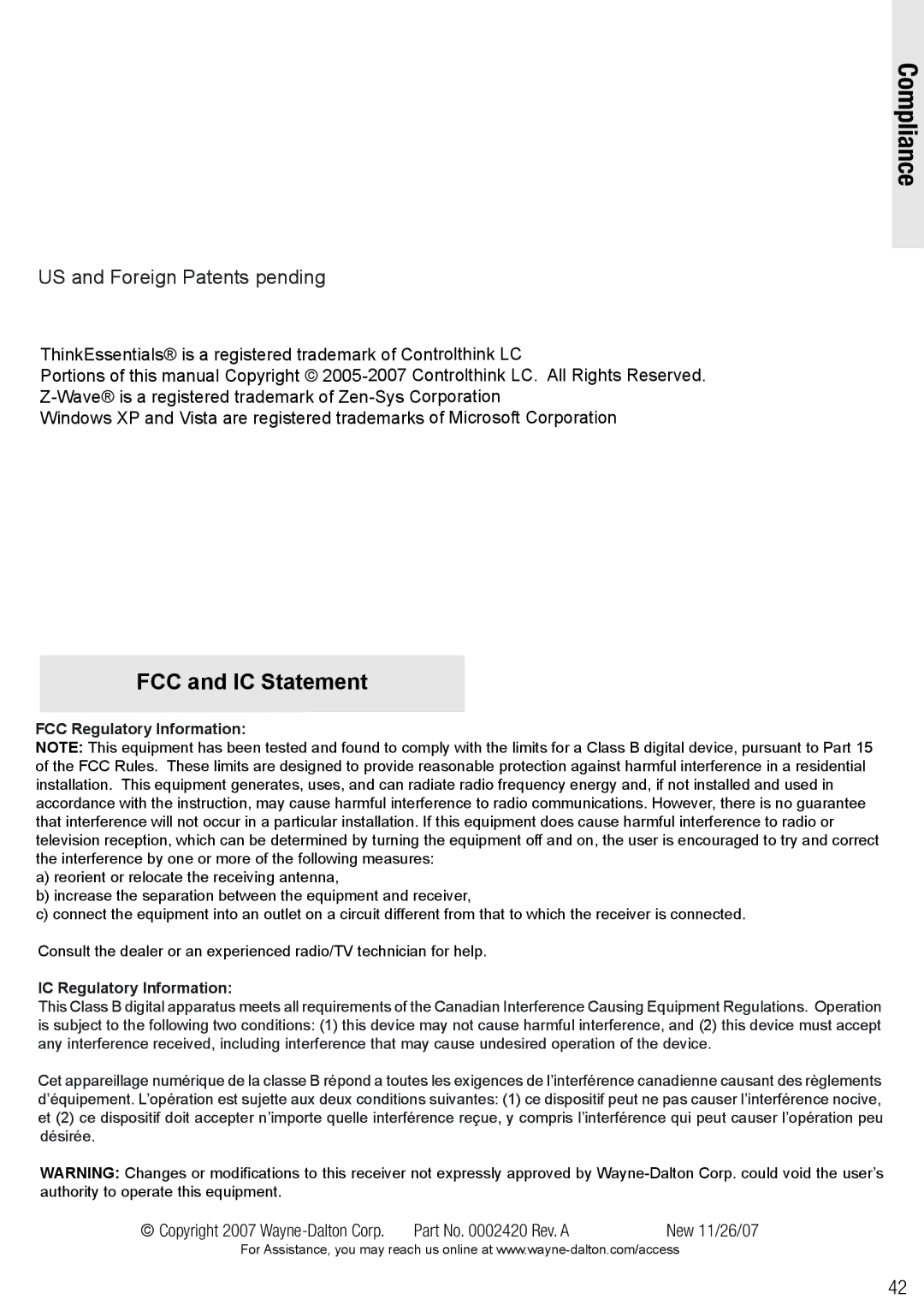 Wayne-Dalton WDSF-10, WDUSB-10R manual Compliance, US and Foreign Patents pending 