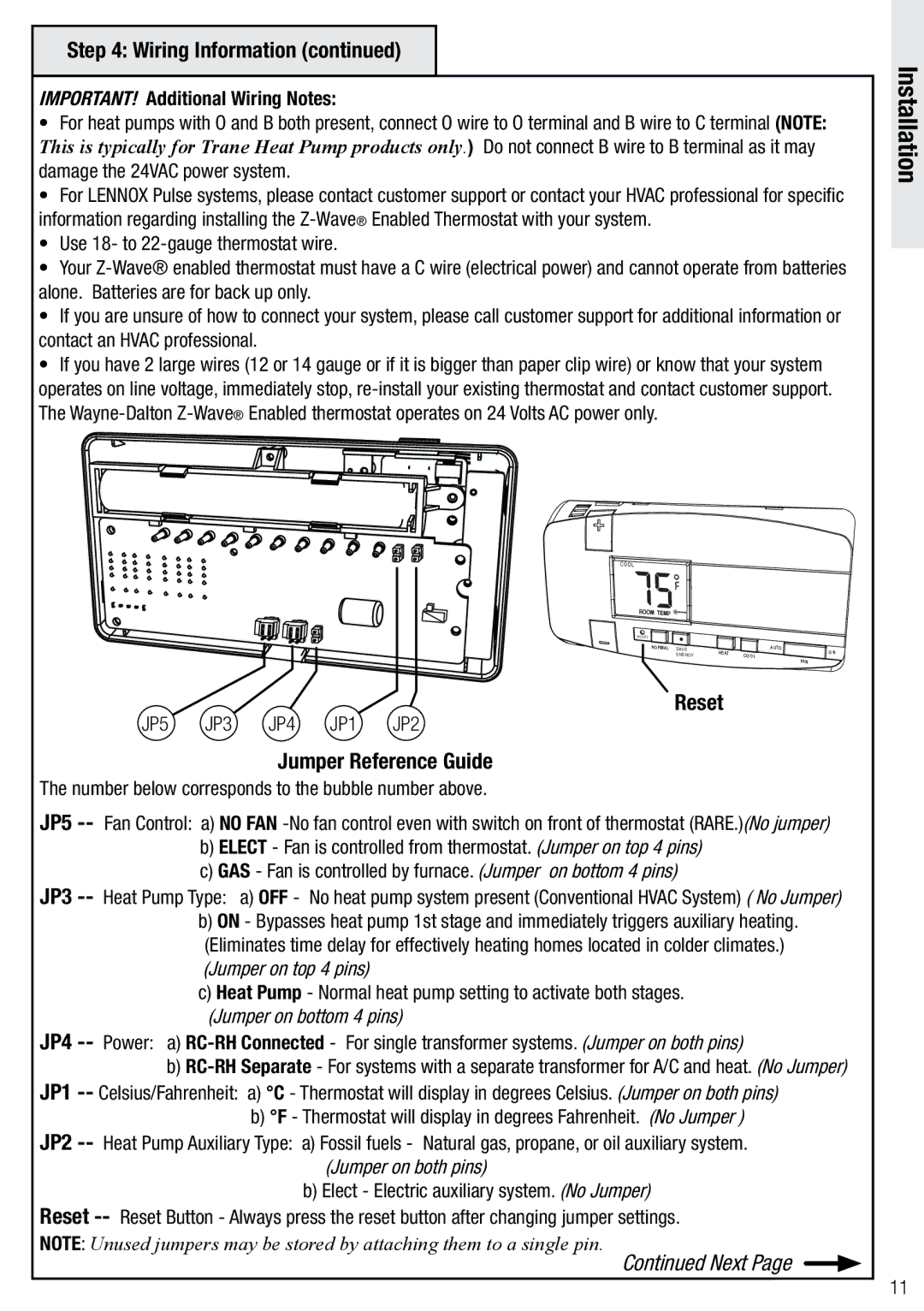 Wayne-Dalton WDTC-20 user manual Reset, Jumper Reference Guide, IMPORTANT! Additional Wiring Notes, JP5 JP3 JP4 JP1 JP2 