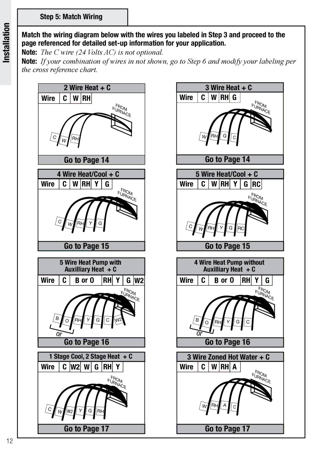 Wayne-Dalton WDTC-20 user manual Wire Heat/Cool + C, Wire RH Y, Go to, Wire W2 W RH Y, Wire Or o, Wire RH a 