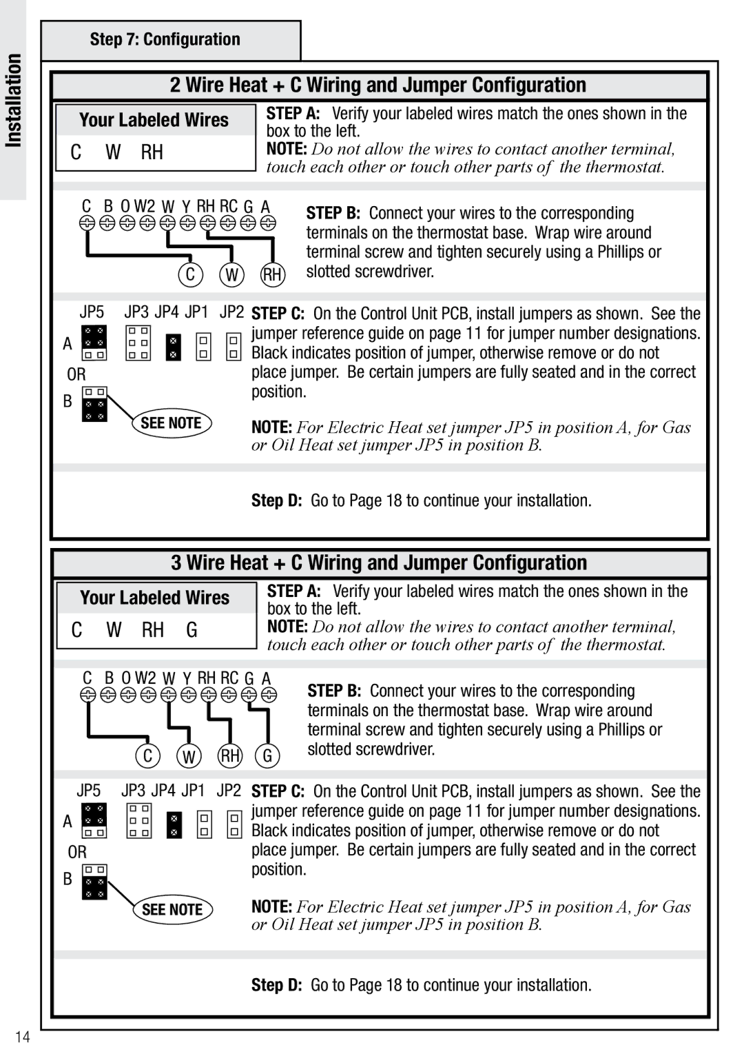 Wayne-Dalton WDTC-20 user manual Wire Heat + C Wiring and Jumper Configuration, JP5, RH RC G a, Rh G 