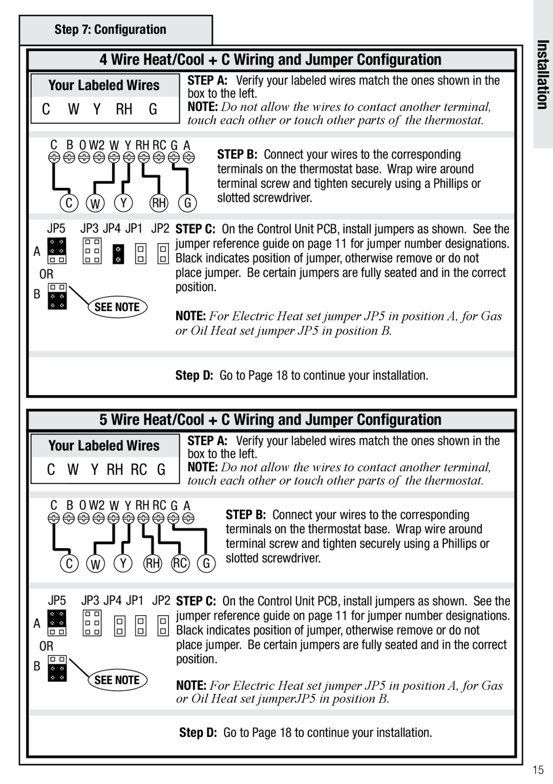 Wayne-Dalton WDTC-20 user manual Wire Heat/Cool + C Wiring and Jumper Configuration, JP5 JP3 JP4 JP1, W2 W Y RH RC G a 