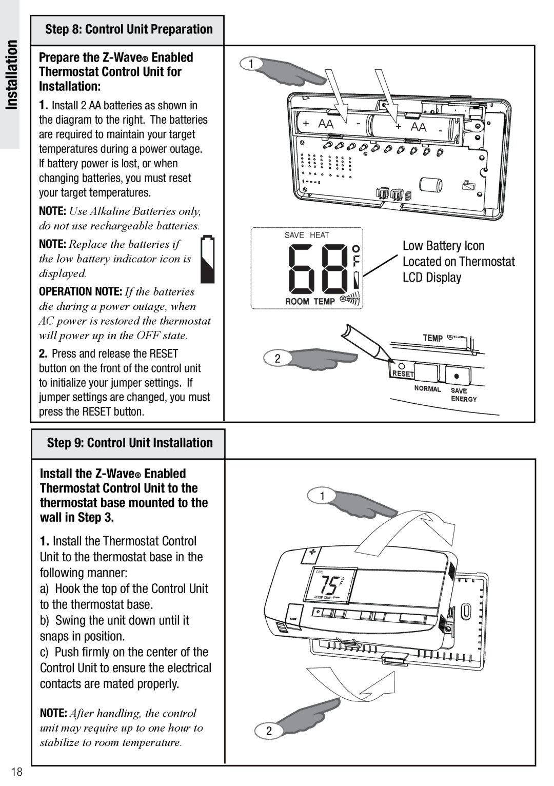 Wayne-Dalton WDTC-20 user manual + Aa, Low Battery Icon Located on Thermostat LCD Display 