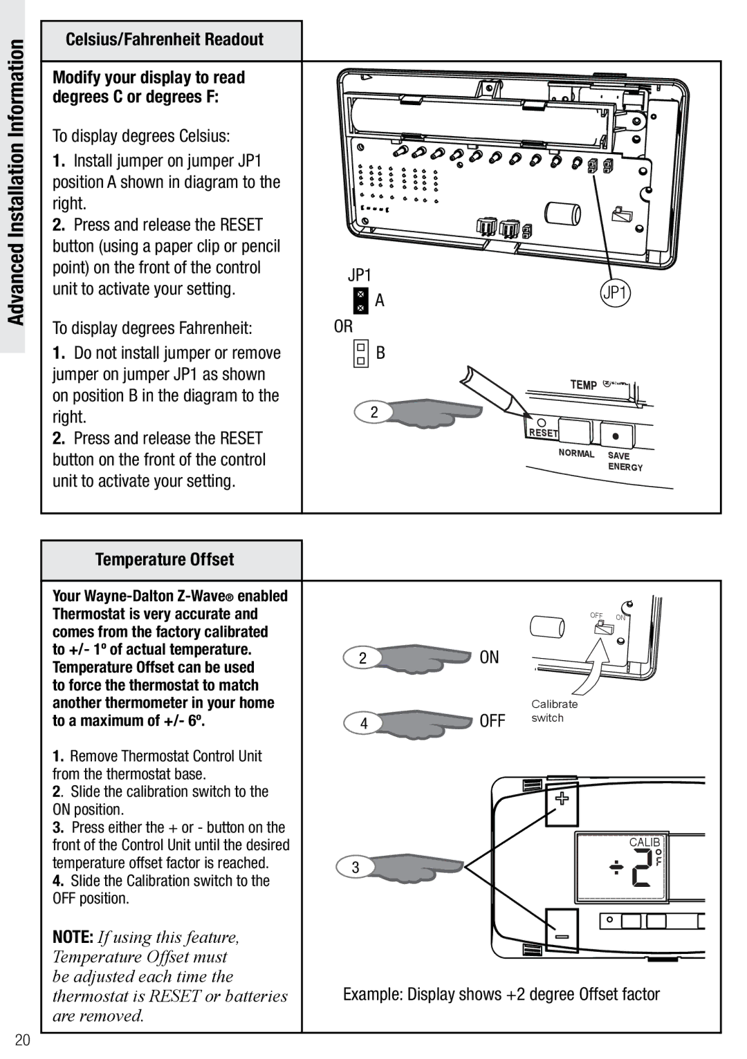 Wayne-Dalton WDTC-20 user manual Advanced Installation Information, Celsius/Fahrenheit Readout, JP1, Temperature Offset 