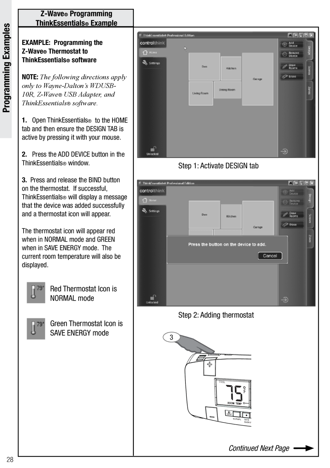 Wayne-Dalton WDTC-20 user manual Programming Examples, WaveProgramming ThinkEssentials Example 