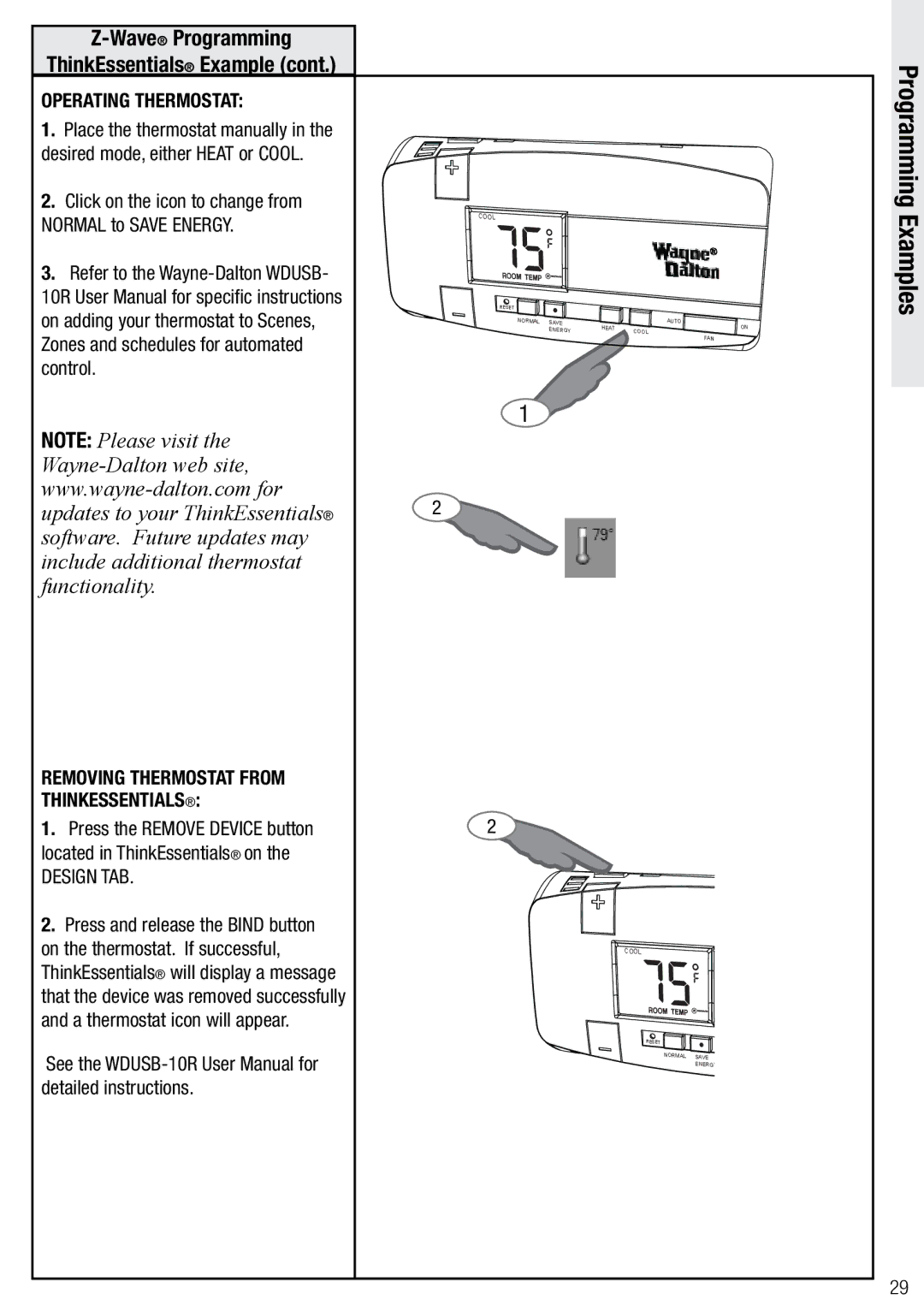 Wayne-Dalton WDTC-20 user manual Operating Thermostat, Normal to Save Energy, Design TAB, Programming Examples 