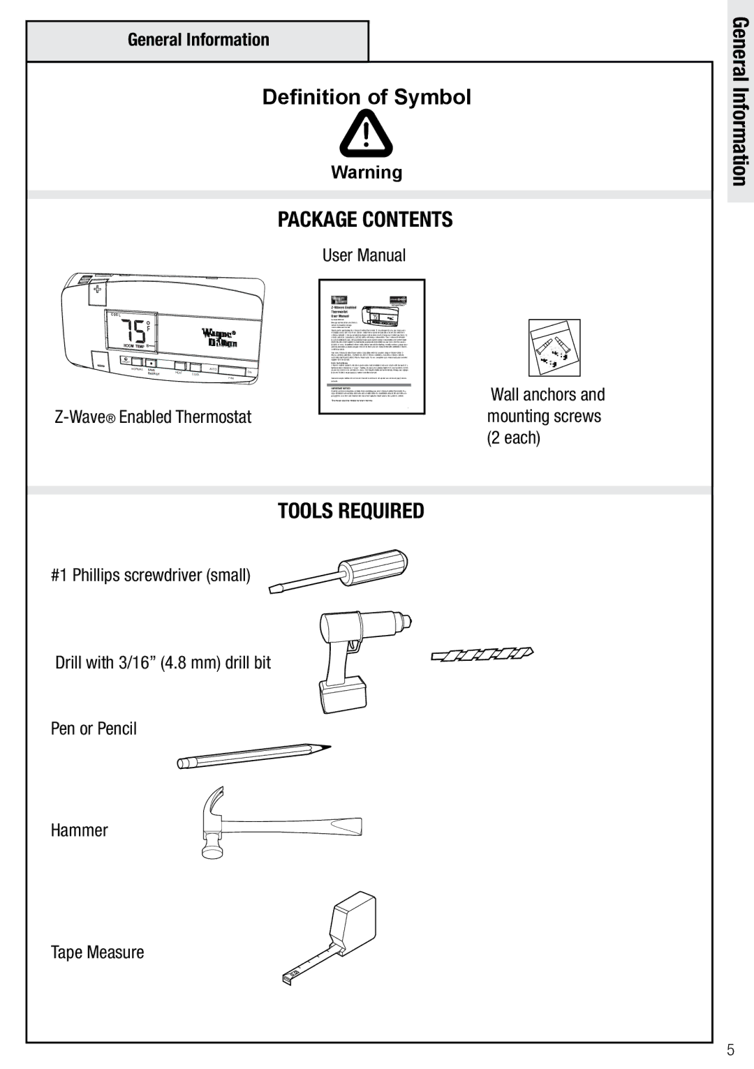 Wayne-Dalton WDTC-20 user manual General Information, Package Contents, Tools required 