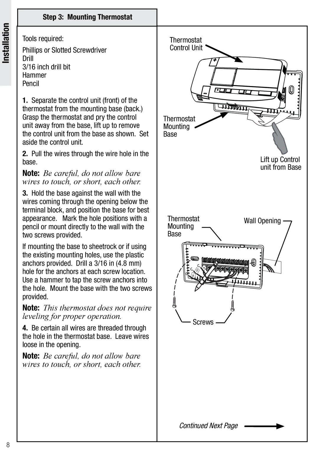 Wayne-Dalton WDTC-20 user manual Pull the wires through the wire hole in the base, Thermostat Control Unit Mounting Base 