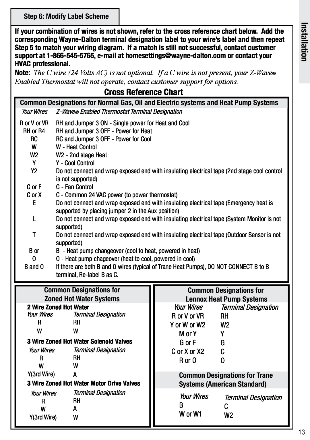 Wayne-Dalton WDTC-20 user manual Cross Reference Chart, Installation, Modify Label Scheme, Your Wires, W or W1 