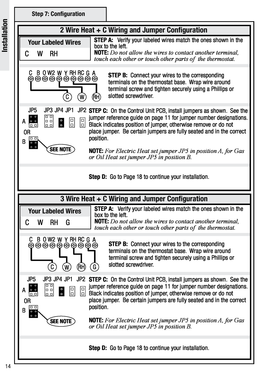 Wayne-Dalton WDTC-20 user manual Wire Heat + C Wiring and Jumper Configuration, W Rh, Your Labeled Wires, Installation 