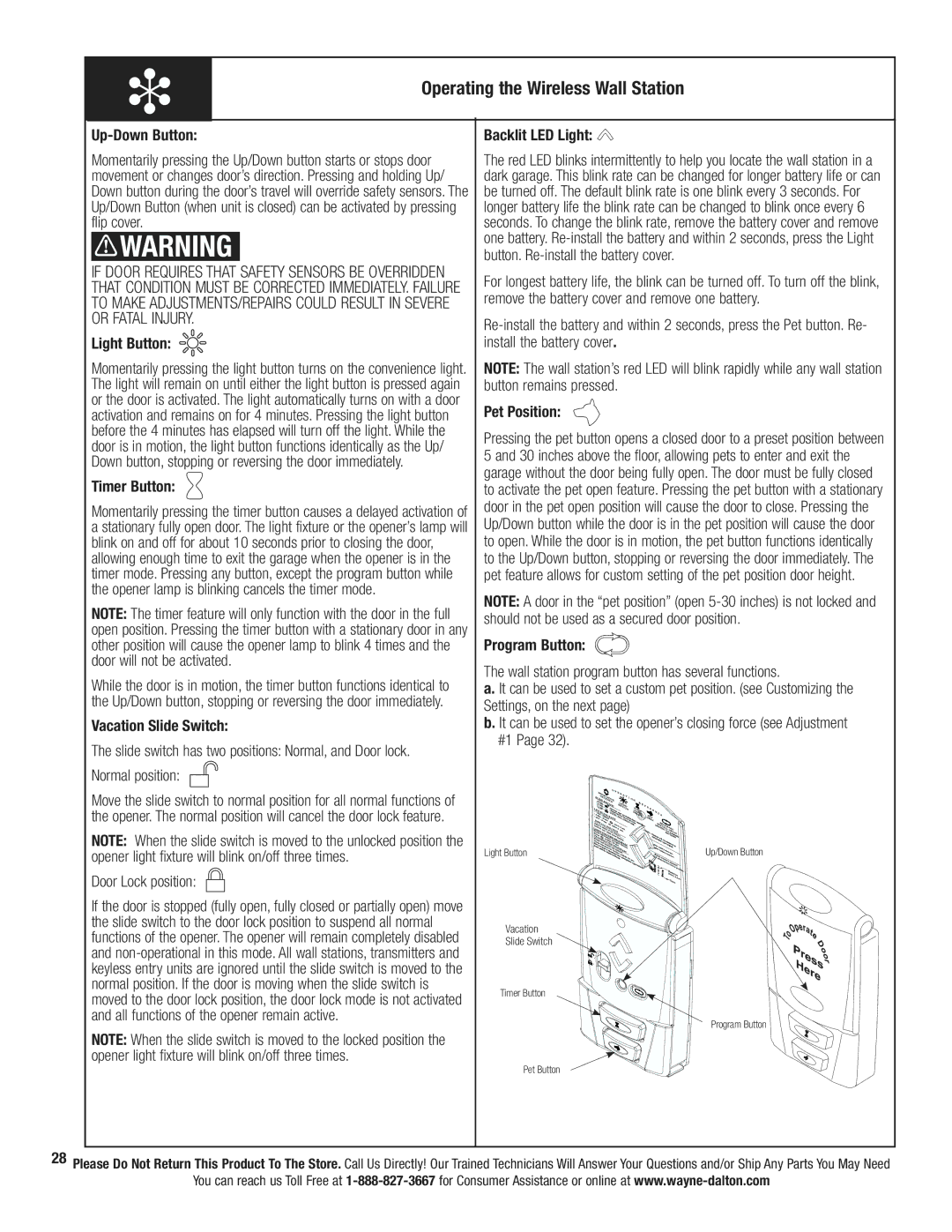 Wayne-Dalton Wireless Wall Station manual Arning, Operating the W ireless W all Station 